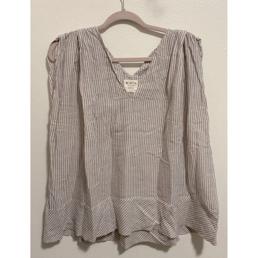 Mirth One Size Nantucket Beige Striped Top Cotton Voile Shoulder Pleats Blouse